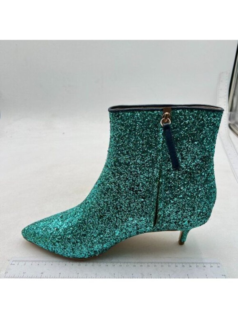 Dark Cyan Glitter Women Low Heel Pointed Toe Shoes Side Zipper Ankle Boots
